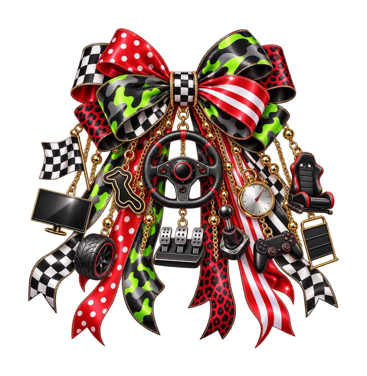 Gamer Racing Wheel Bow Charm PNG, Gold Chain Charms, Transparent Sublimation Design, Digital Download