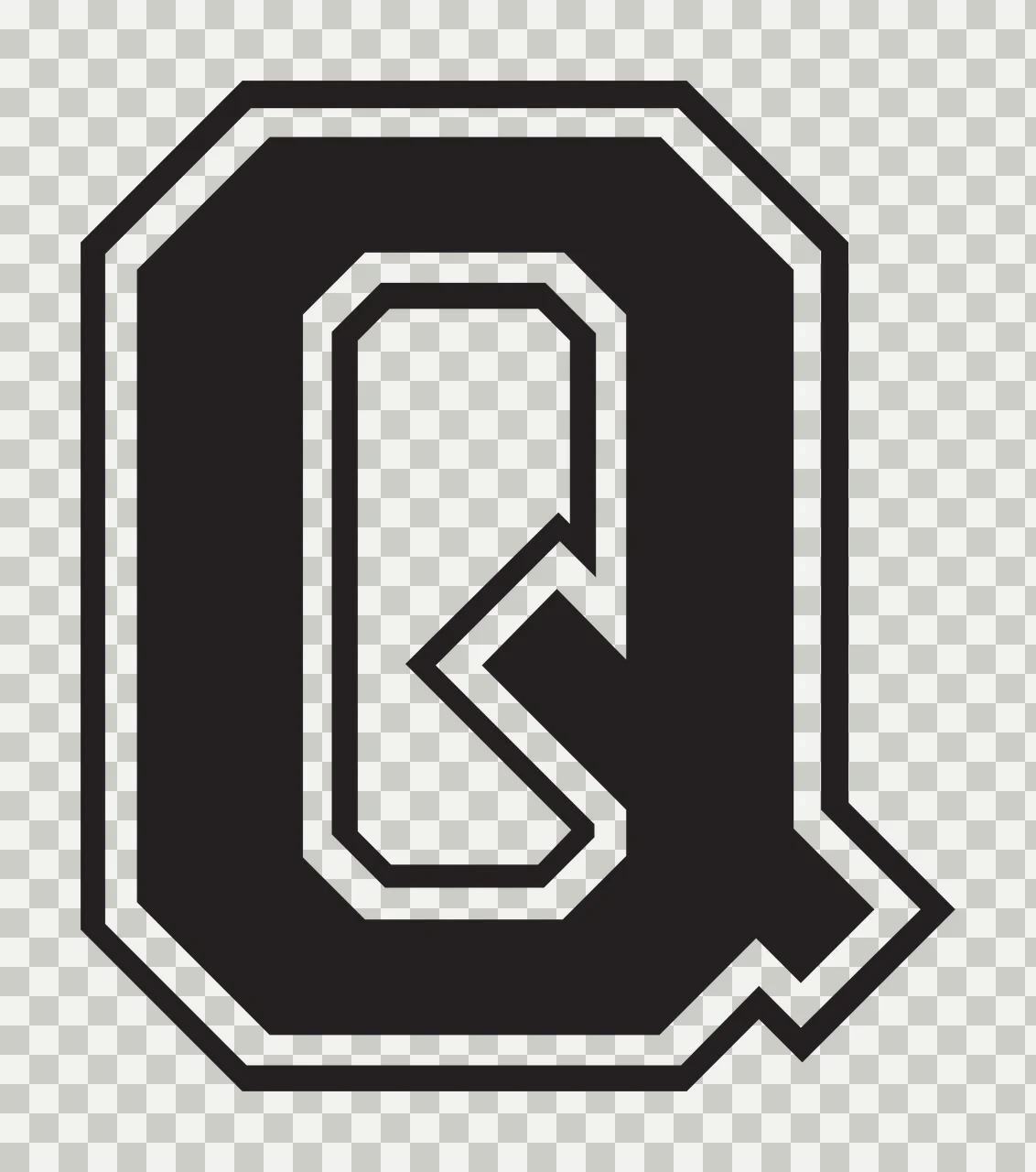 Q Letter Design with double outline, block typography and inner cutout in black and white transparency and detail preview thumbnail