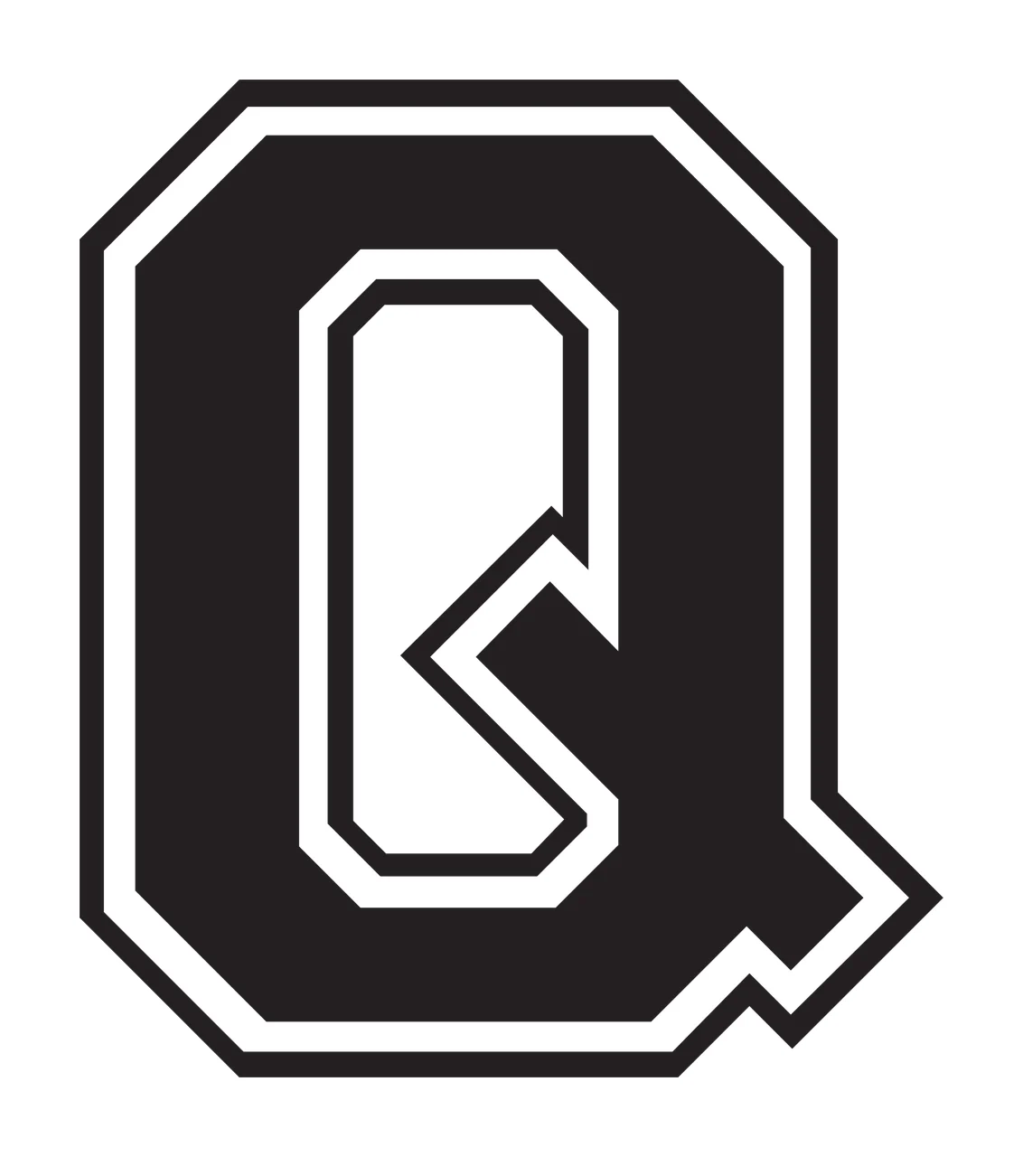 Q Letter Design with double outline, block typography and inner cutout in black and white