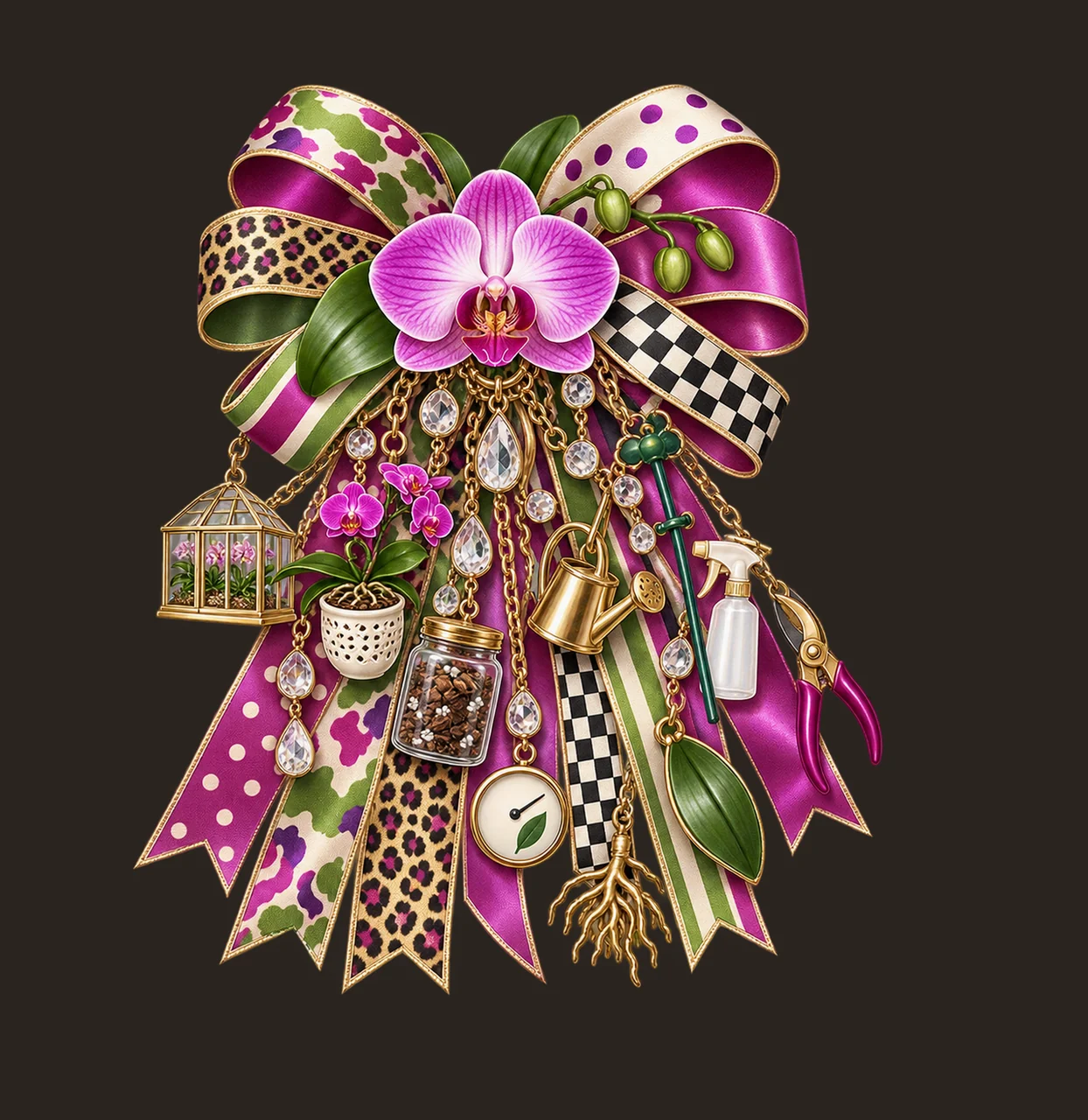 Orchid Lover Bow Charm PNG, Gold Chain Charms, Transparent Sublimation Design, Digital Download contrast preview thumbnail