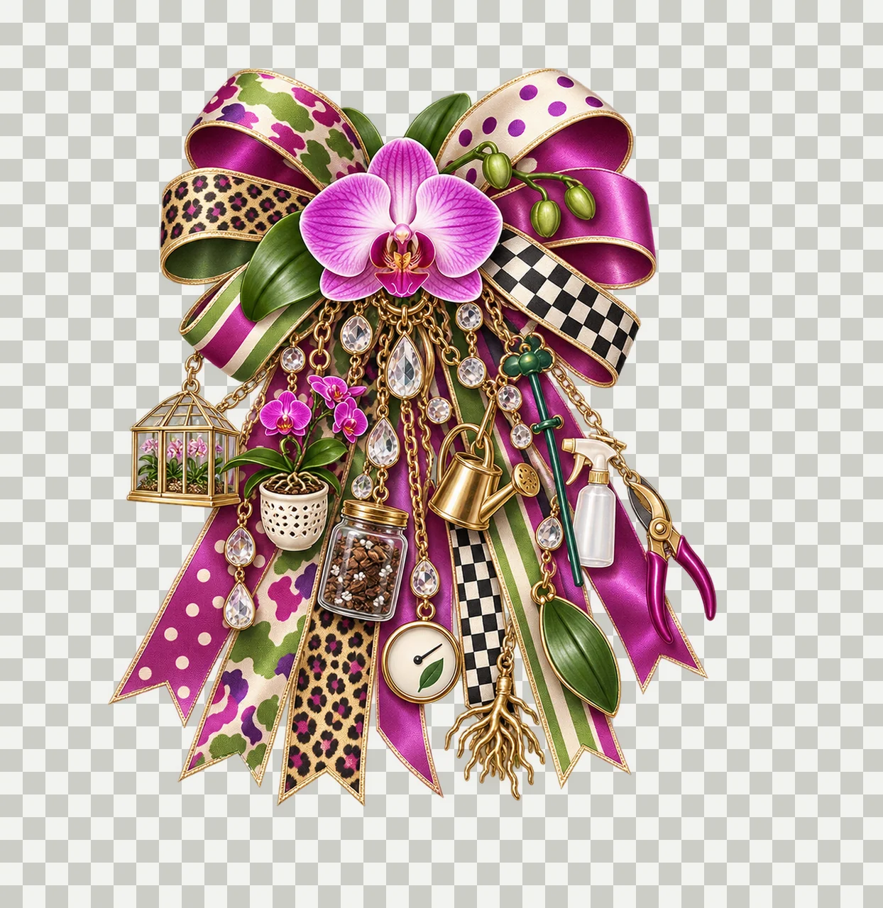 Orchid Lover Bow Charm PNG, Gold Chain Charms, Transparent Sublimation Design, Digital Download transparency and detail preview thumbnail