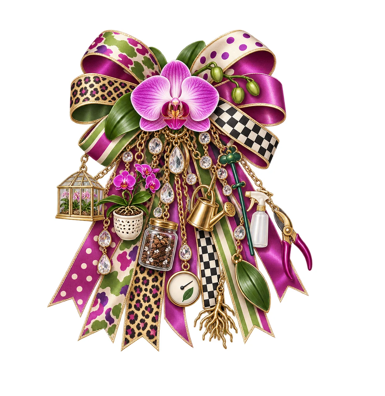 Orchid Lover Bow Charm PNG, Gold Chain Charms, Transparent Sublimation Design, Digital Download