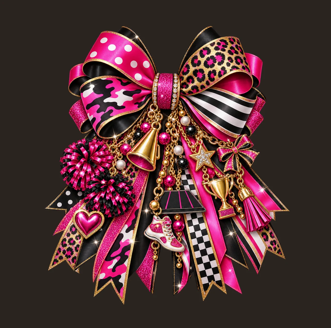 Cheer Mom Bow Charm PNG, Themed Gold Chain Charms, Coquette Ribbon Sublimation Design, Transparent Digital Download contrast preview thumbnail