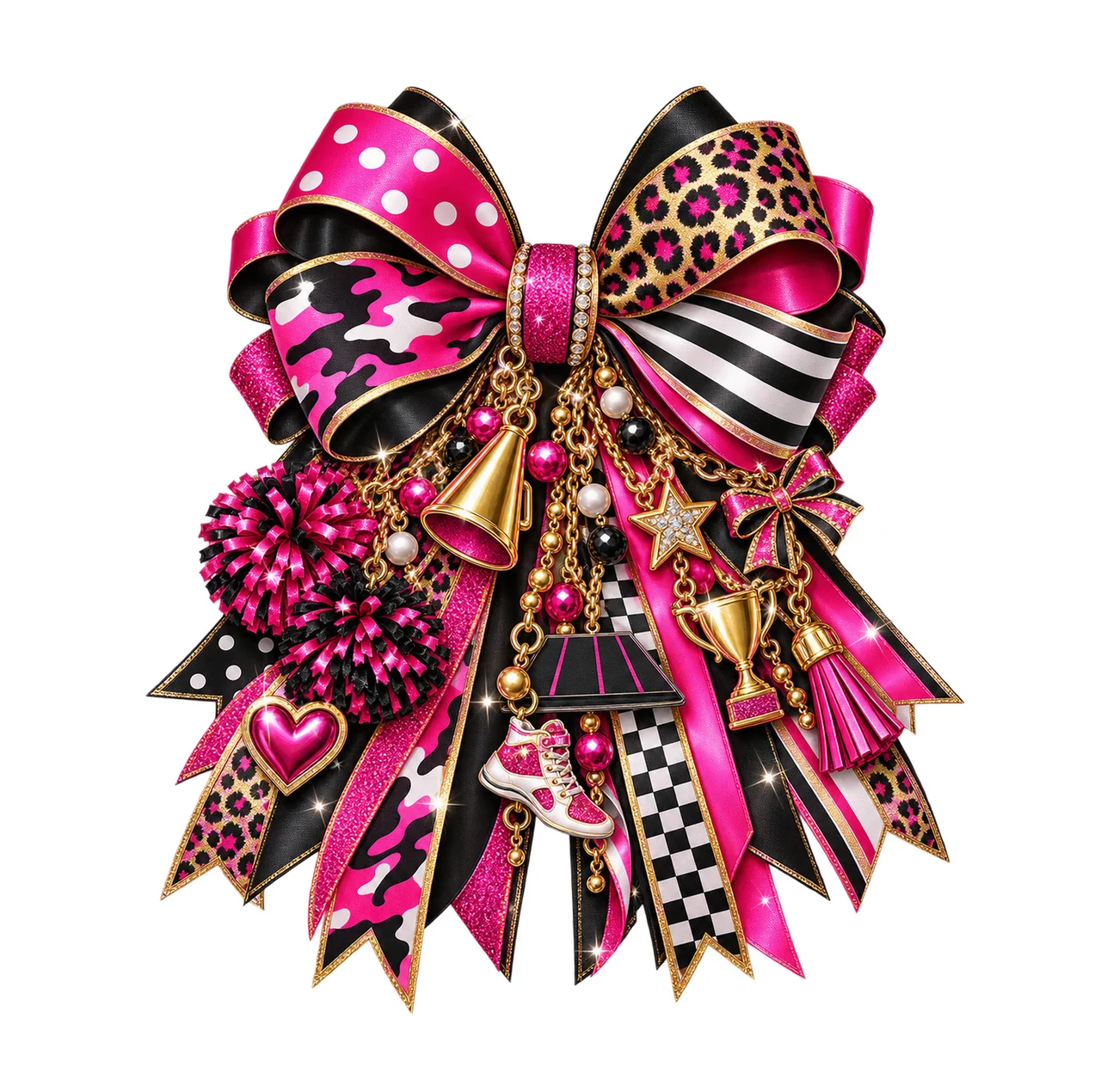 Cheer Mom Bow Charm PNG, Themed Gold Chain Charms, Coquette Ribbon Sublimation Design, Transparent Digital Download