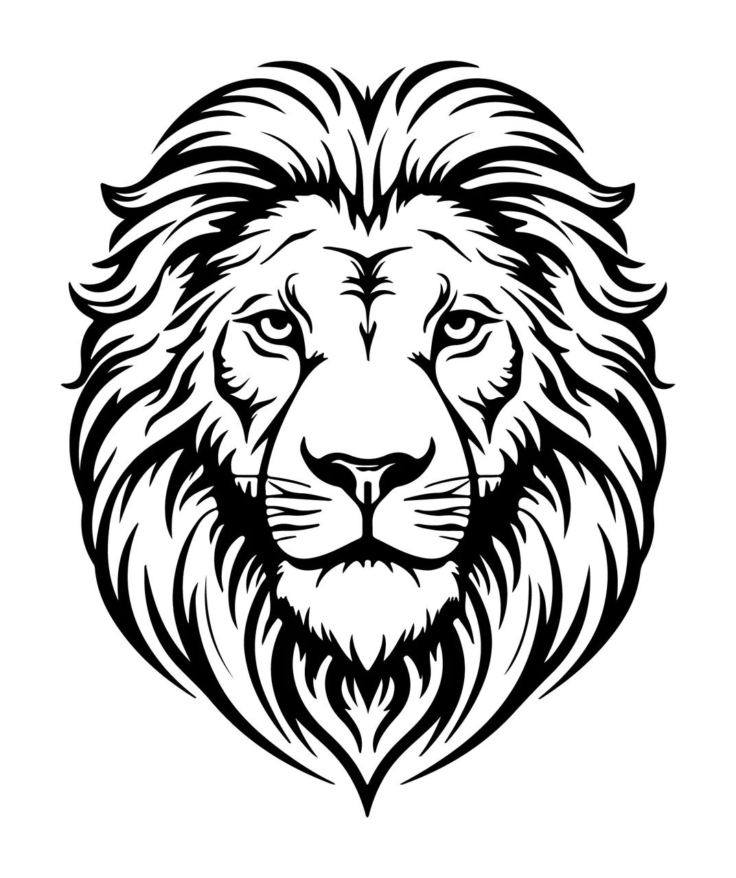 Lion Head Face Front View mane eyes line drawing black plain