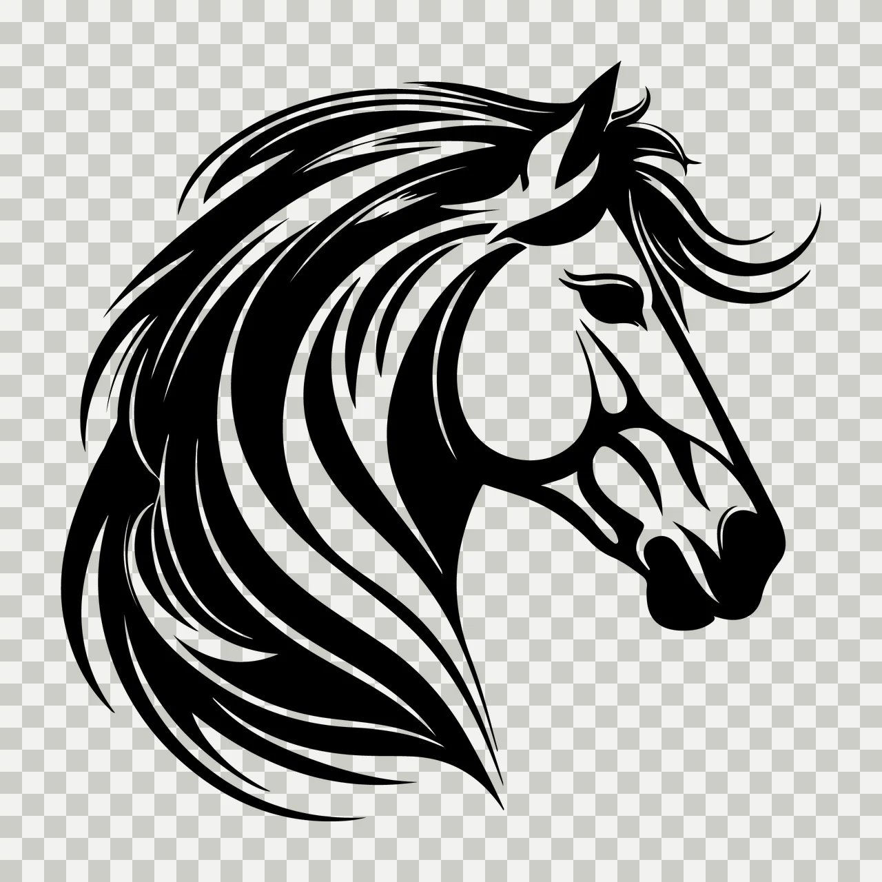 Horse Head Profile Black Graphic Facing mane eye nostril Tribal style transparency and detail preview thumbnail