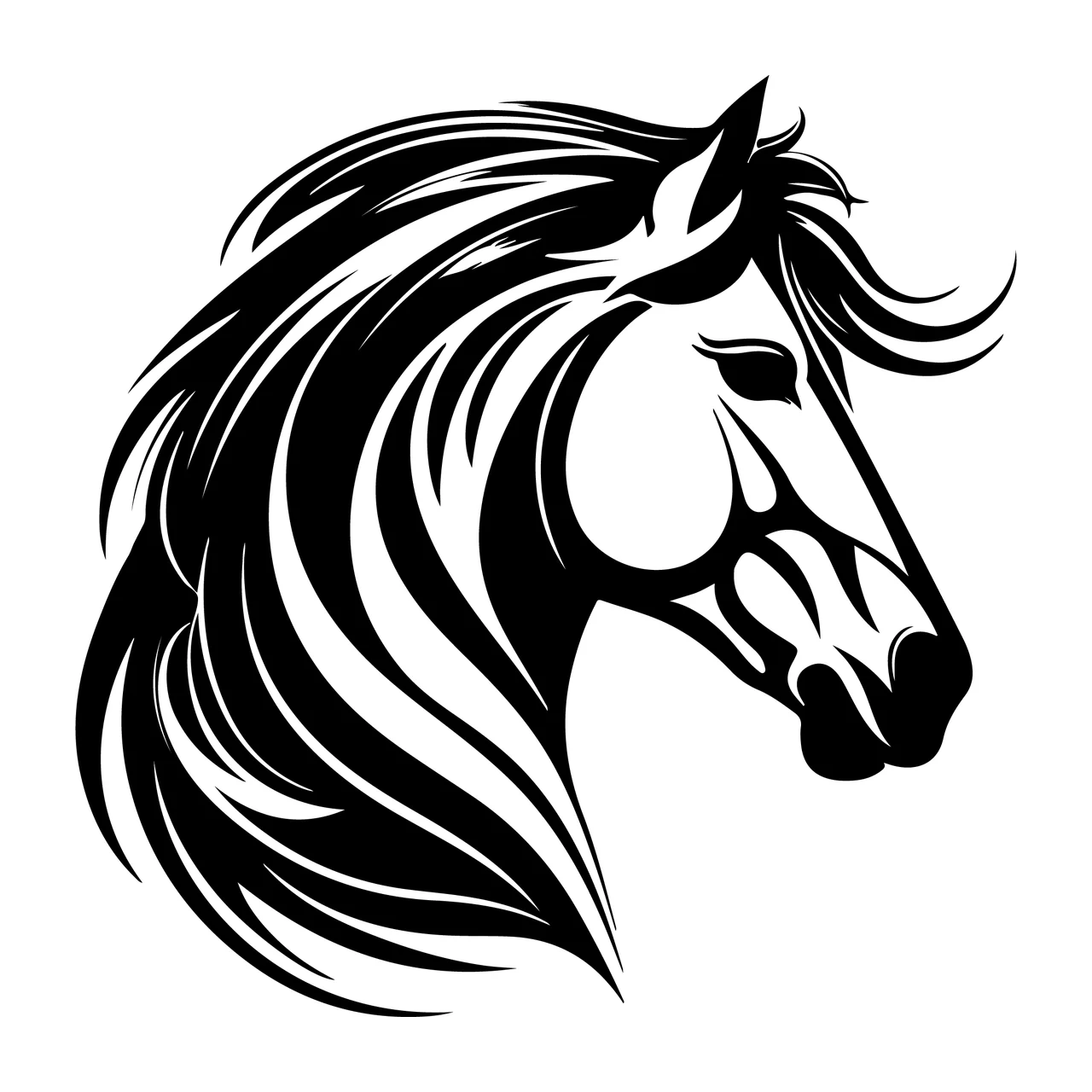 Horse Head Profile Black Graphic Facing mane eye nostril Tribal style