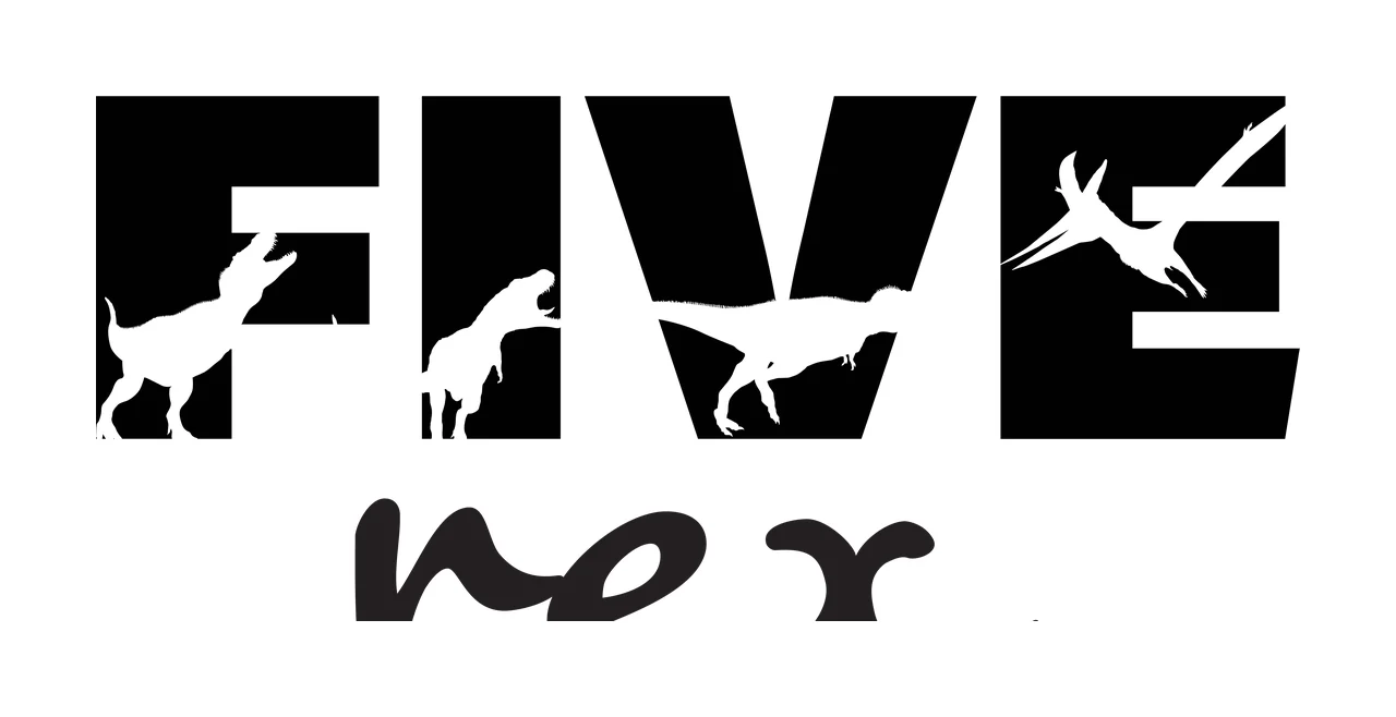 FIVE rex Dinosaur typography with FIVE block text, rex script text, dinosaur silhouettes and pterosaur silhouette in black and white