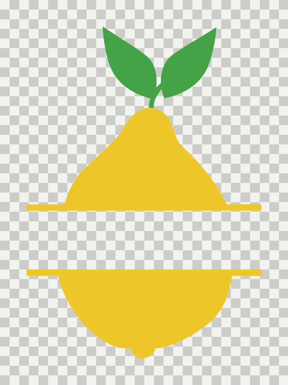 Lemon split frame with yellow lemon, green leaves, horizontal split bar and stem in white transparency and detail preview thumbnail