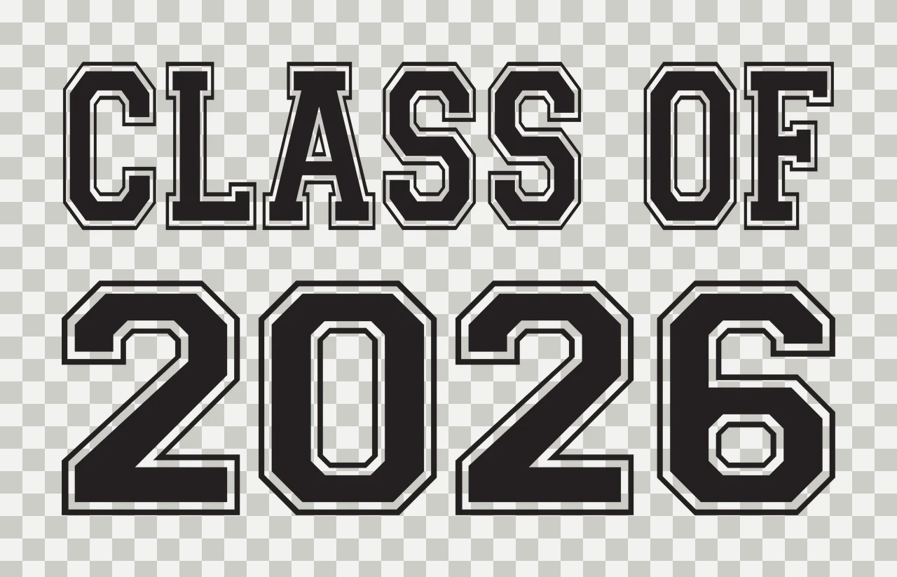 CLASS OF 2026 Typography Design with black text, white outlines, bold block letters and two-line layout transparency and detail preview thumbnail