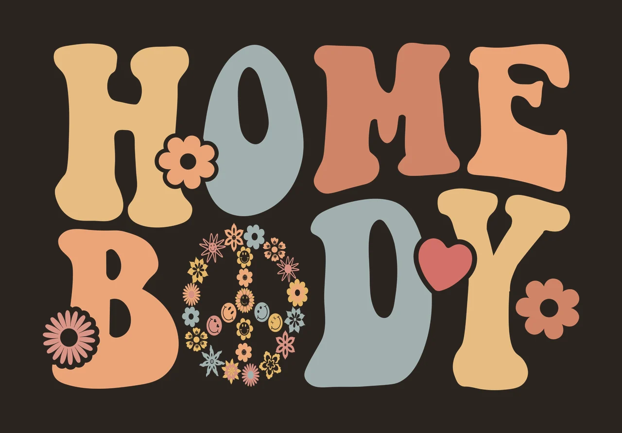 HOME BODY Typography Design with HOME BODY letters, orange flower on 'H', blue flower on 'O' and red heart on 'D' in tan, muted teal and terracotta contrast preview thumbnail