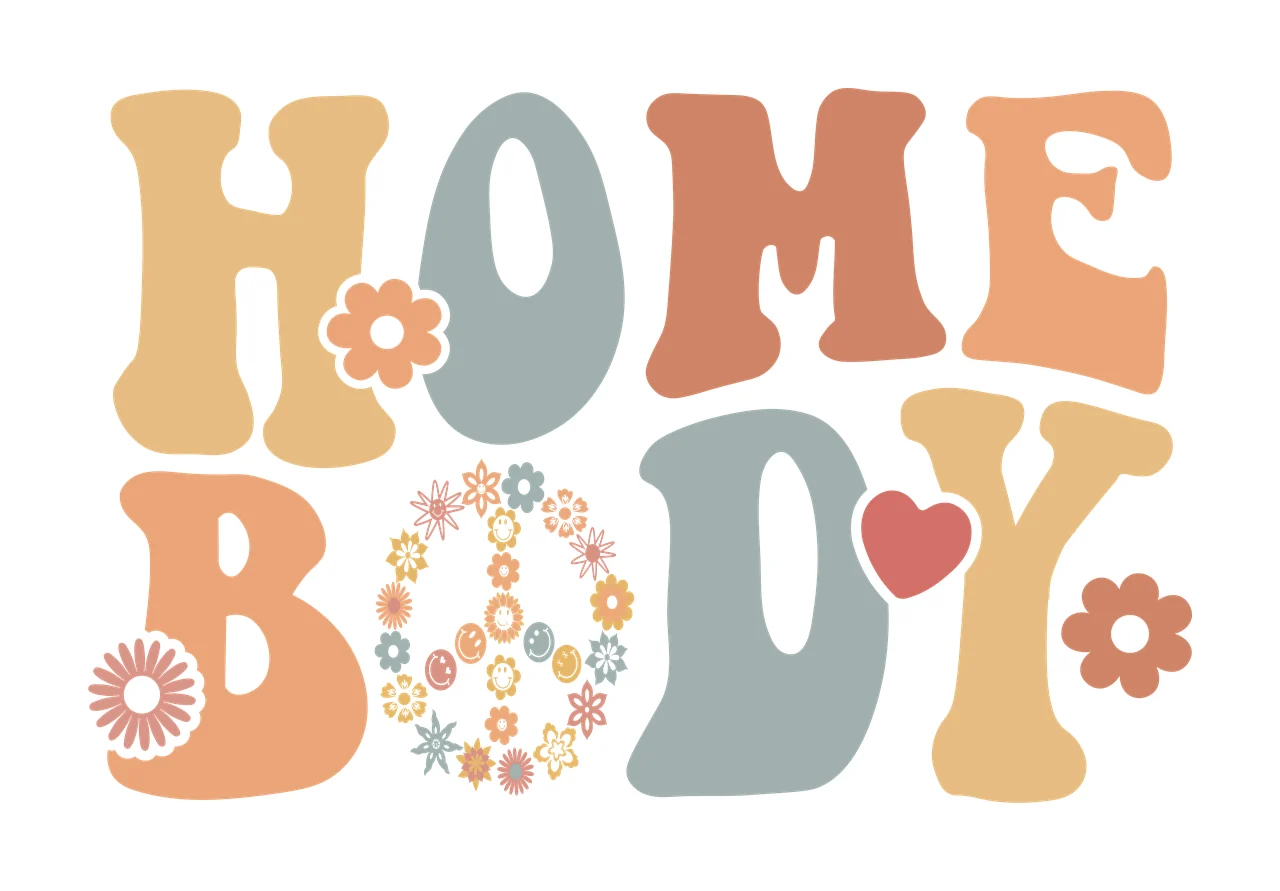 HOME BODY Typography Design with HOME BODY letters, orange flower on 'H', blue flower on 'O' and red heart on 'D' in tan, muted teal and terracotta
