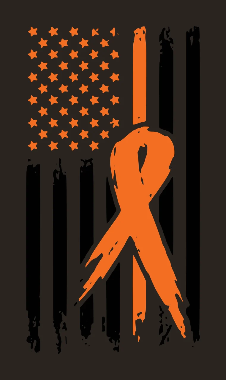 Orange awareness ribbon overlaid on a distressed American flag design with orange stars, black vertical stripes and white background contrast preview thumbnail