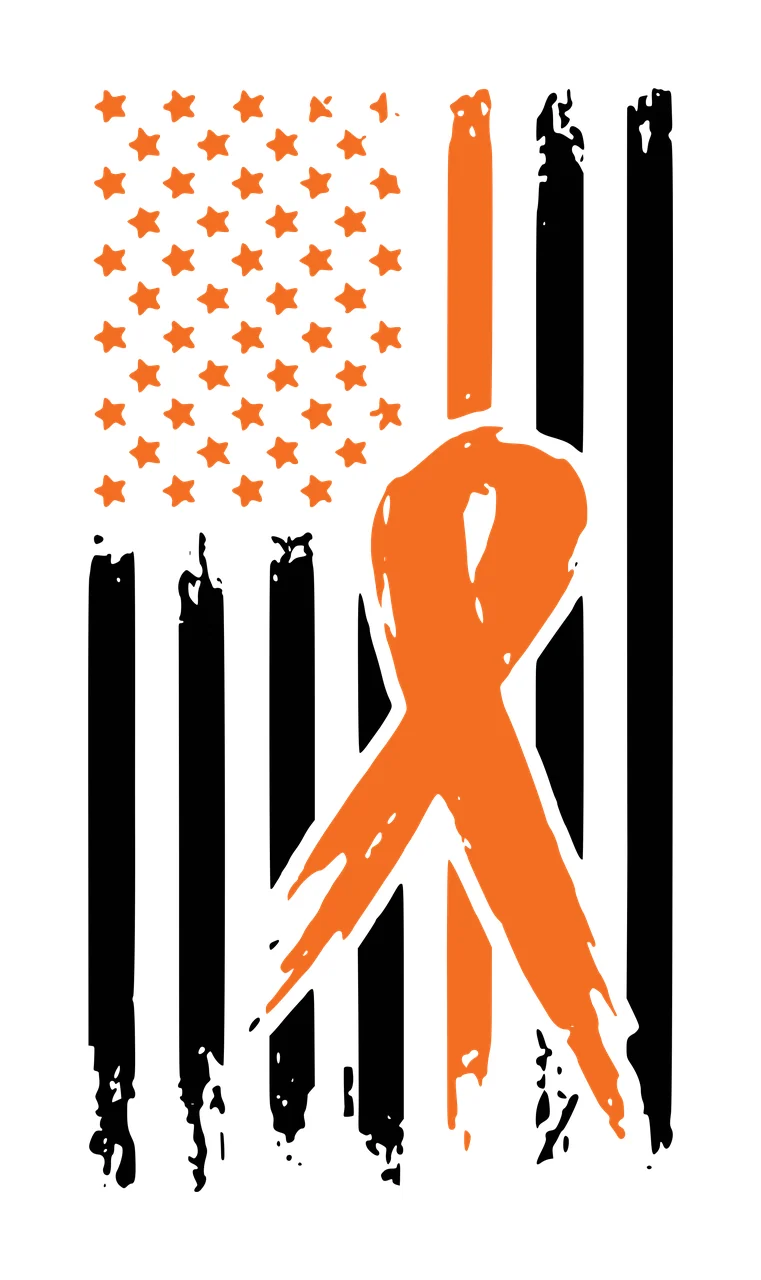 Orange awareness ribbon overlaid on a distressed American flag design with orange stars, black vertical stripes and white background