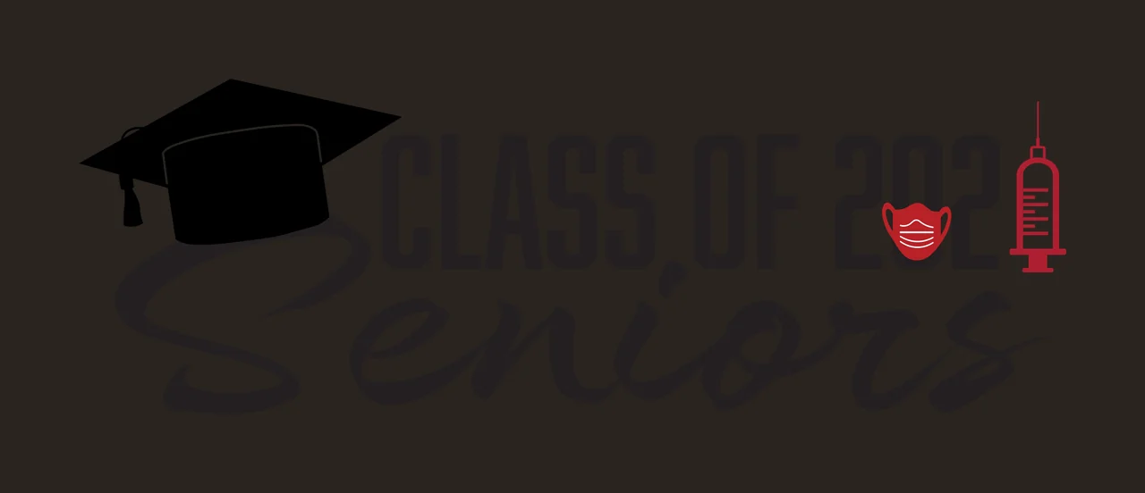 CLASS OF 2021 Seniors Graduation commemorative design for Class of 2021 seniors with black graduation cap, text 'CLASS OF 2021', red face mask icon and red syringe icon contrast preview thumbnail