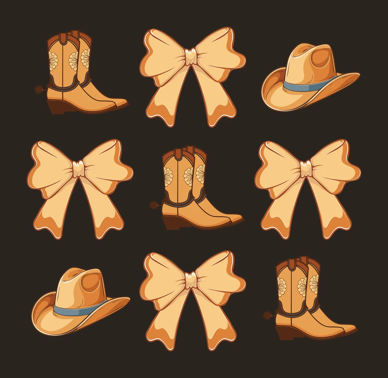 Bow Grid Of Black Silhouettes Featuring Cowboy Boots and hats contrast preview thumbnail