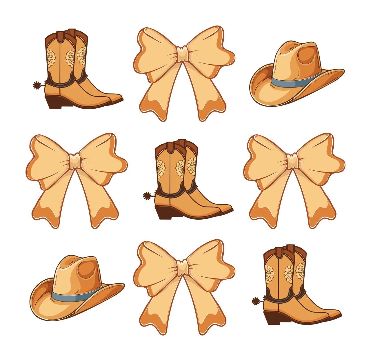 Bow Grid Of Black Silhouettes Featuring Cowboy Boots and hats