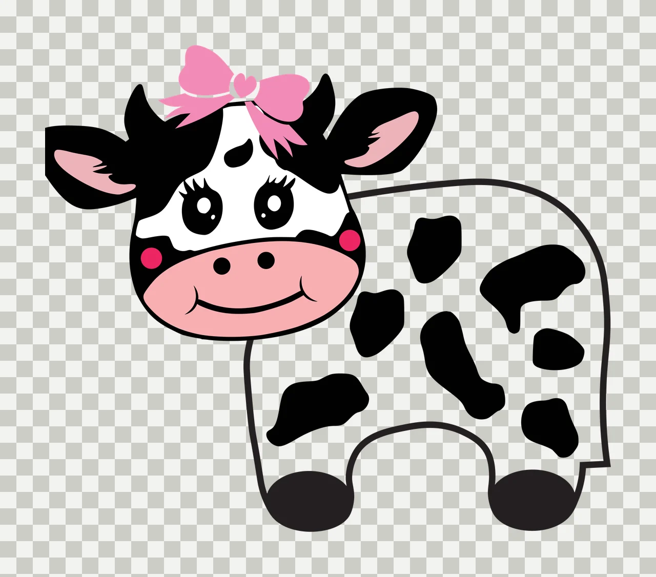 Cartoon cow Illustration with pink bow, heart detail, black spots and pink snout in white transparency and detail preview thumbnail