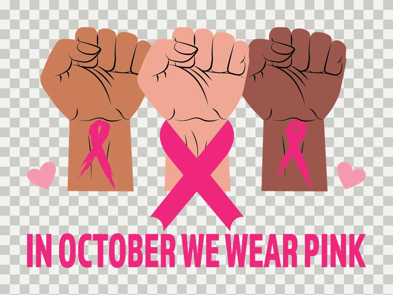 Hands In October We Wear Pink raised fist ribbon heart iconic graphic transparency and detail preview thumbnail