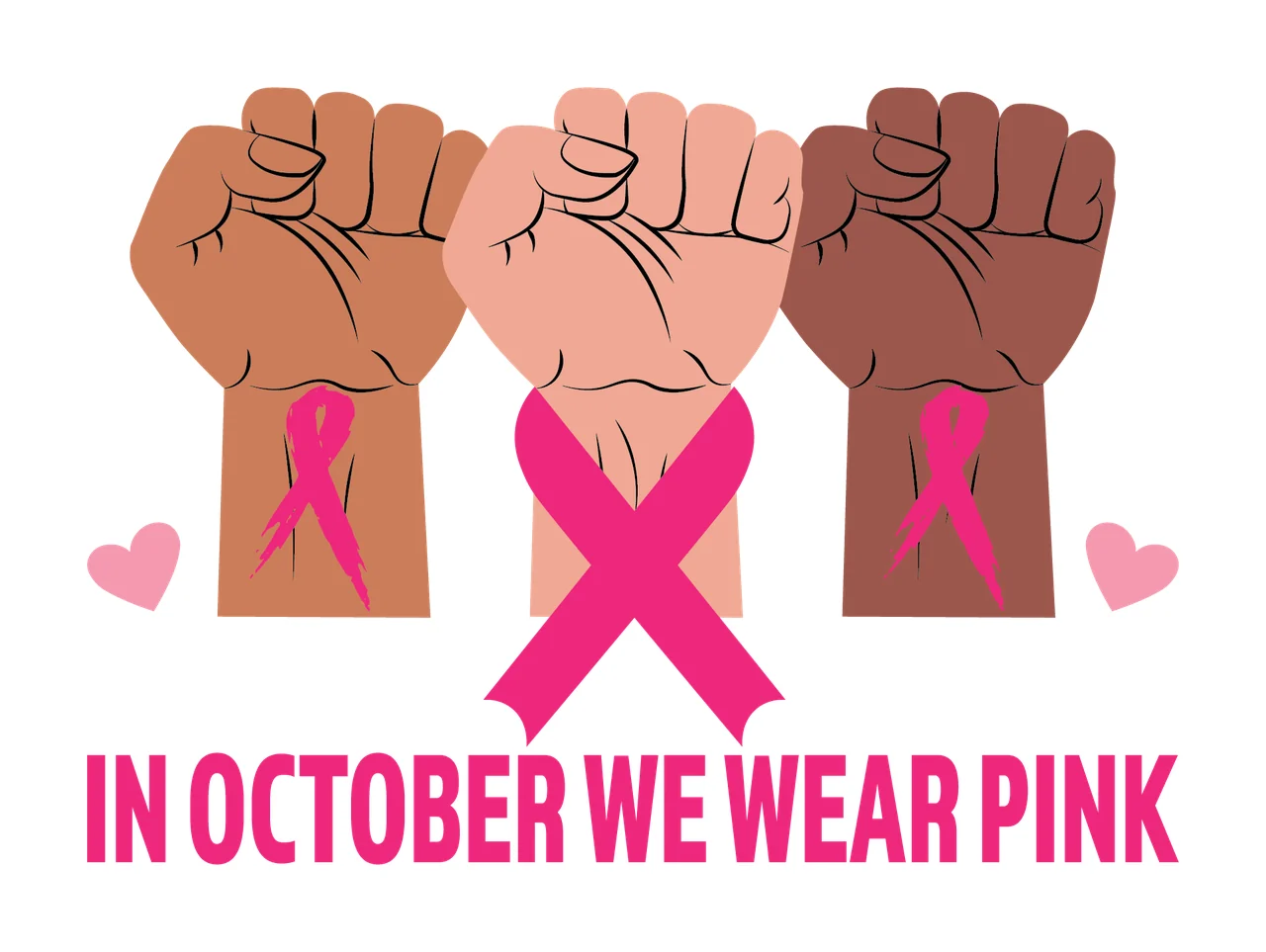 Hands In October We Wear Pink raised fist ribbon heart iconic graphic