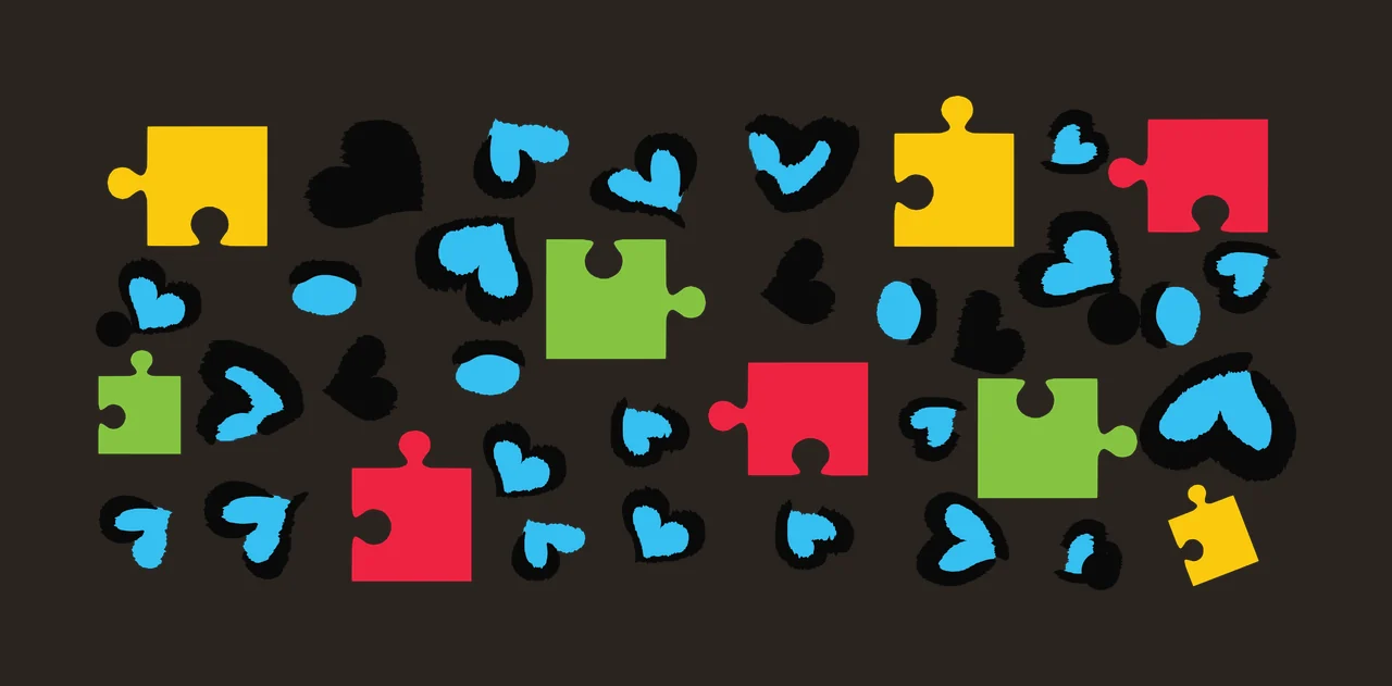 Puzzle pieces and heart shapes Illustration with yellow puzzle piece, red puzzle piece, green puzzle piece and blue heart contrast preview thumbnail