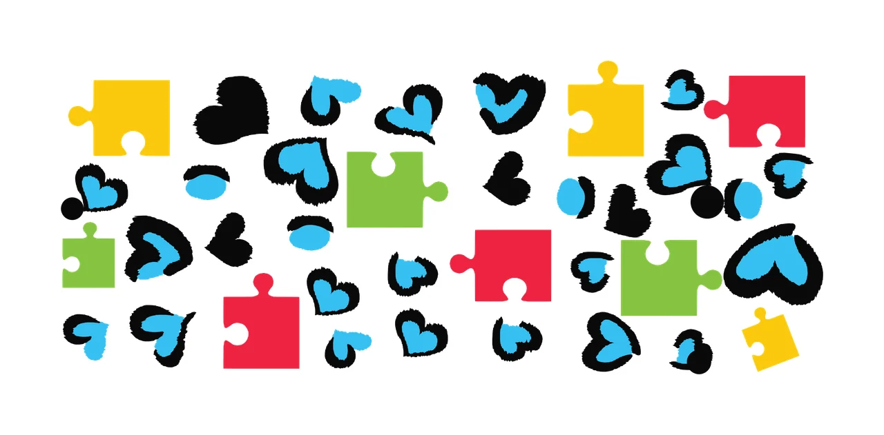Puzzle pieces and heart shapes Illustration with yellow puzzle piece, red puzzle piece, green puzzle piece and blue heart