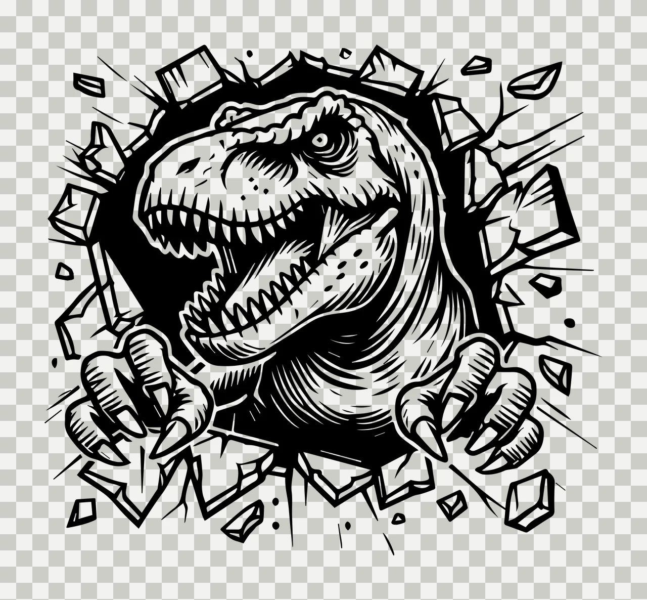 Wall Dinosaur Head Breaking Through debris line art black white transparency and detail preview thumbnail