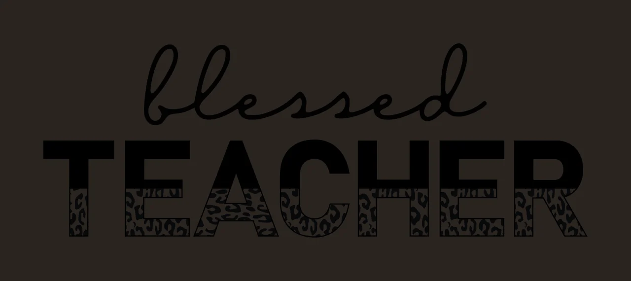 Blessed TEACHER Typography Design with black cursive text 'blessed', bold uppercase text 'TEACHER' and leopard print pattern filling bottom half of 'TEACHER' letters in white contrast preview thumbnail