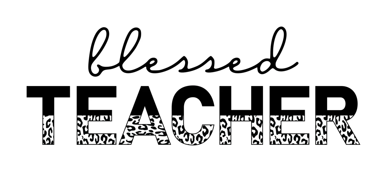 Blessed TEACHER Typography Design with black cursive text 'blessed', bold uppercase text 'TEACHER' and leopard print pattern filling bottom half of 'TEACHER' letters in white