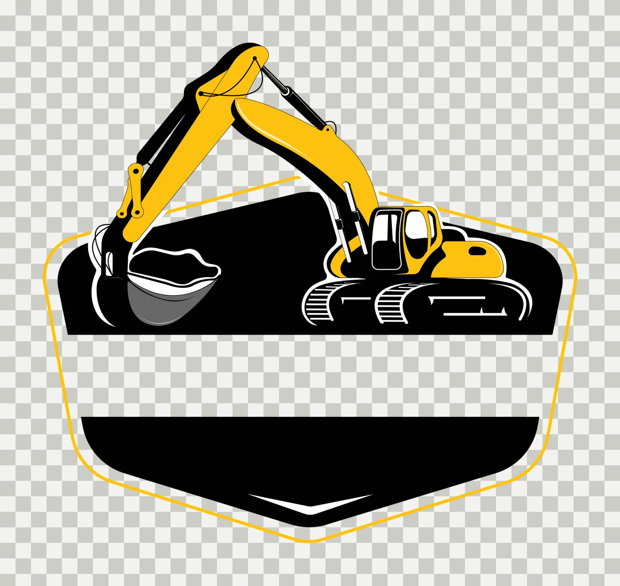 Excavator logo design with yellow excavator, black shield-shaped background, white horizontal banner and yellow outline transparency and detail preview thumbnail