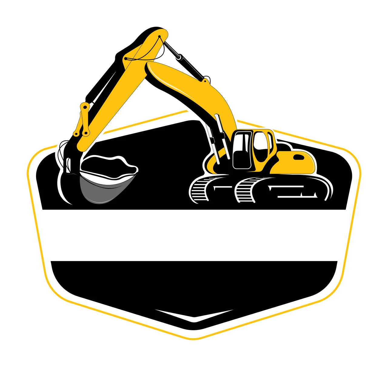 Excavator logo design with yellow excavator, black shield-shaped background, white horizontal banner and yellow outline
