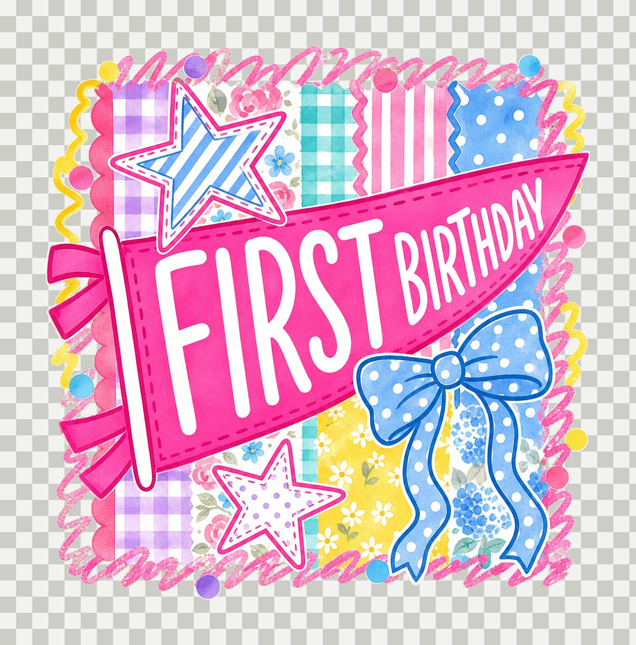 Retro Striped Floral Birthday Pennant Variation E transparency and detail preview thumbnail