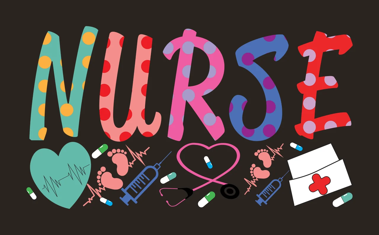 NURSE Typography Design with NURSE letters with polka dots, teal heart with ECG line, pink footprints and blue syringe contrast preview thumbnail