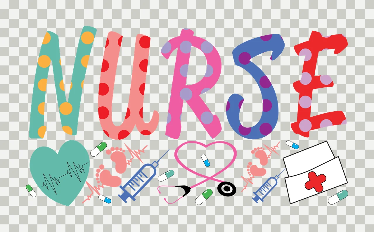 NURSE Typography Design with NURSE letters with polka dots, teal heart with ECG line, pink footprints and blue syringe transparency and detail preview thumbnail