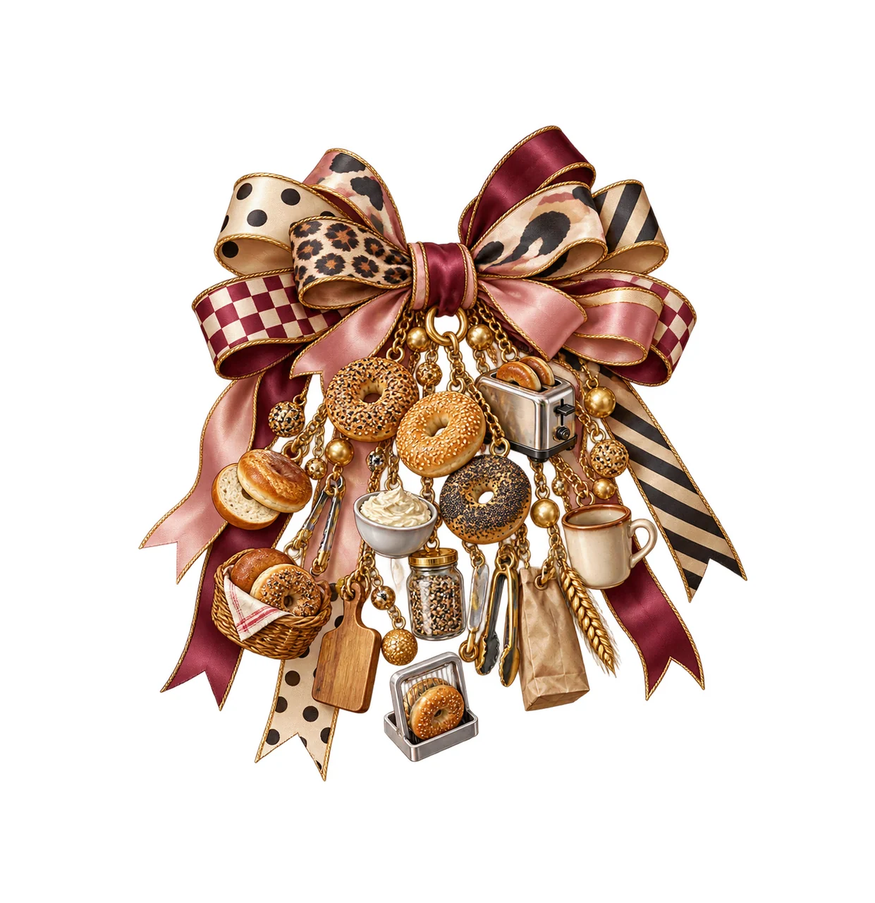 Bagel Lover Bow Charm PNG, Themed Gold Chain Charms, Coquette Ribbon Sublimation Design, Transparent Digital Download