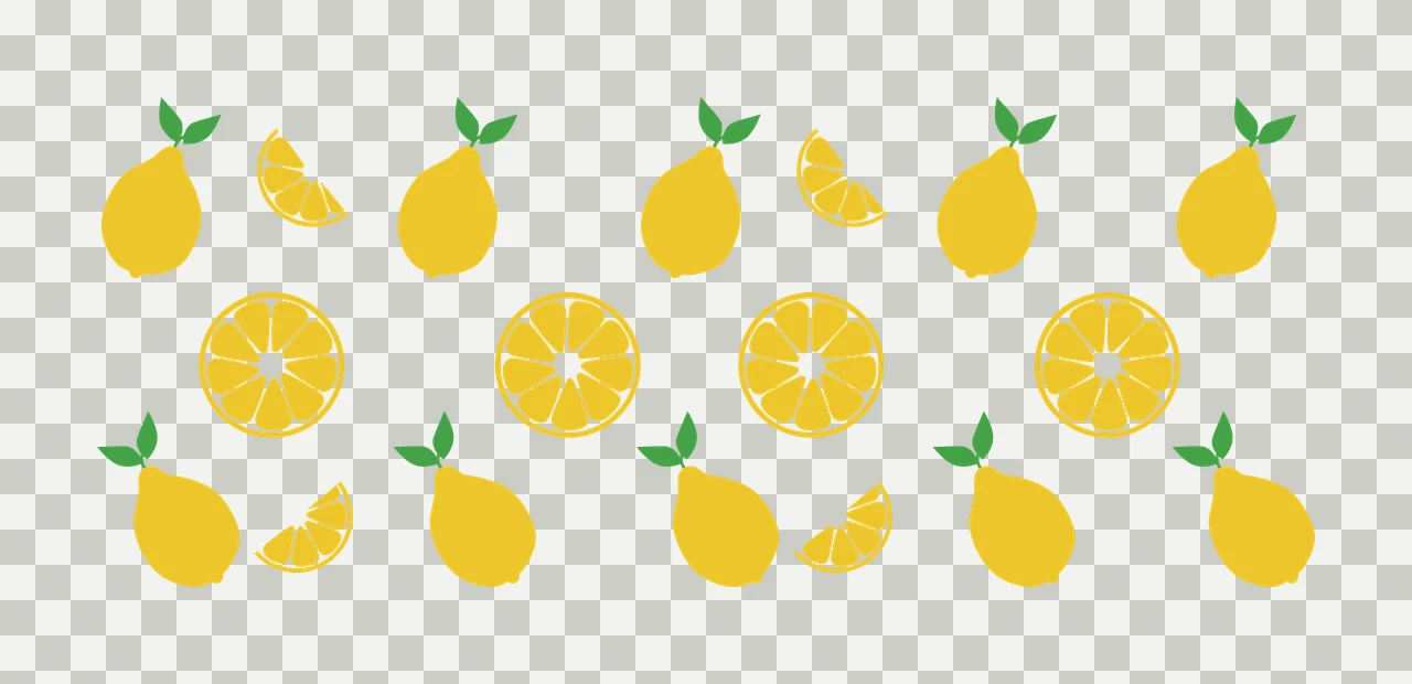 Lemons and lemon slices Illustration with whole yellow lemons, green leaves, round lemon slices and lemon wedges in white transparency and detail preview thumbnail