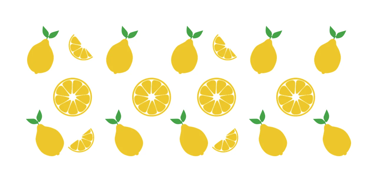 Lemons and lemon slices Illustration with whole yellow lemons, green leaves, round lemon slices and lemon wedges in white