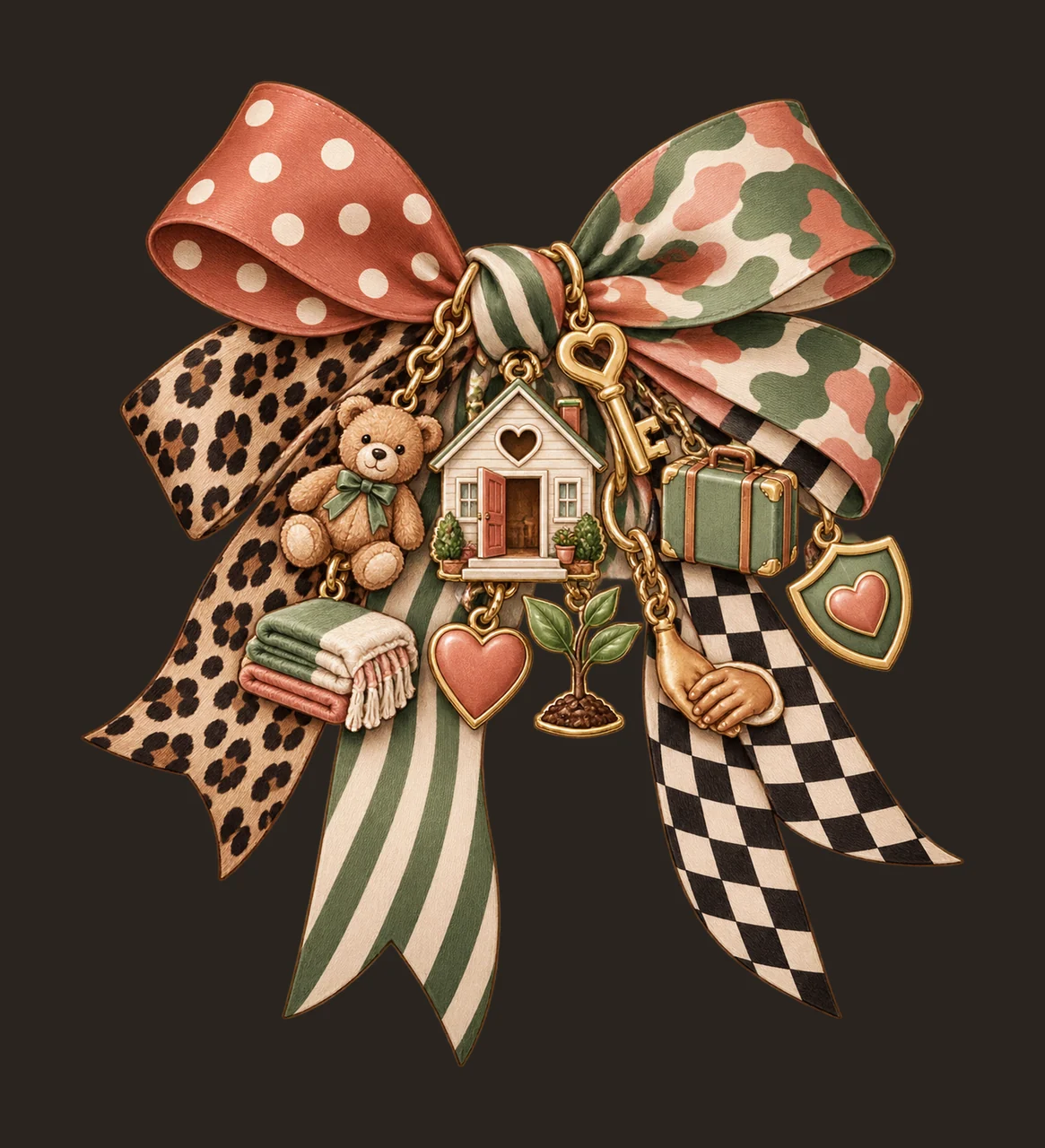 Foster Mom Bow Charm PNG, Welcoming Home Key Teddy Bear and Heart Charms, Family Support Sublimation Design, Transparent Download contrast preview thumbnail
