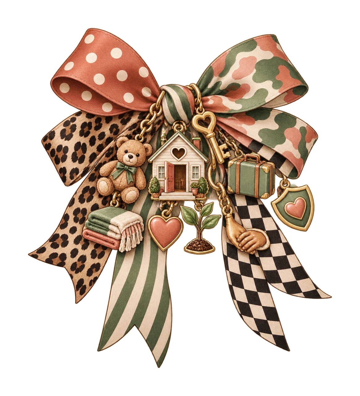 Foster Mom Bow Charm PNG, Welcoming Home Key Teddy Bear and Heart Charms, Family Support Sublimation Design, Transparent Download