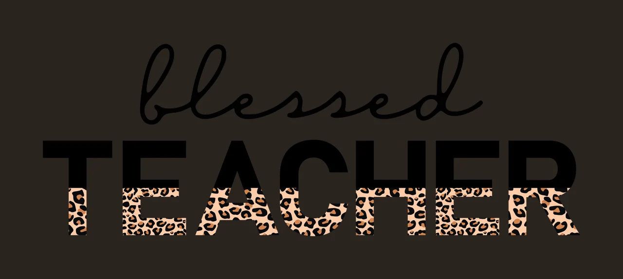 Blessed TEACHER Typography Design with black cursive text 'blessed', black bold uppercase text 'TEACHER', leopard print pattern filling the bottom half of each letter in 'TEACHER' and white background contrast preview thumbnail