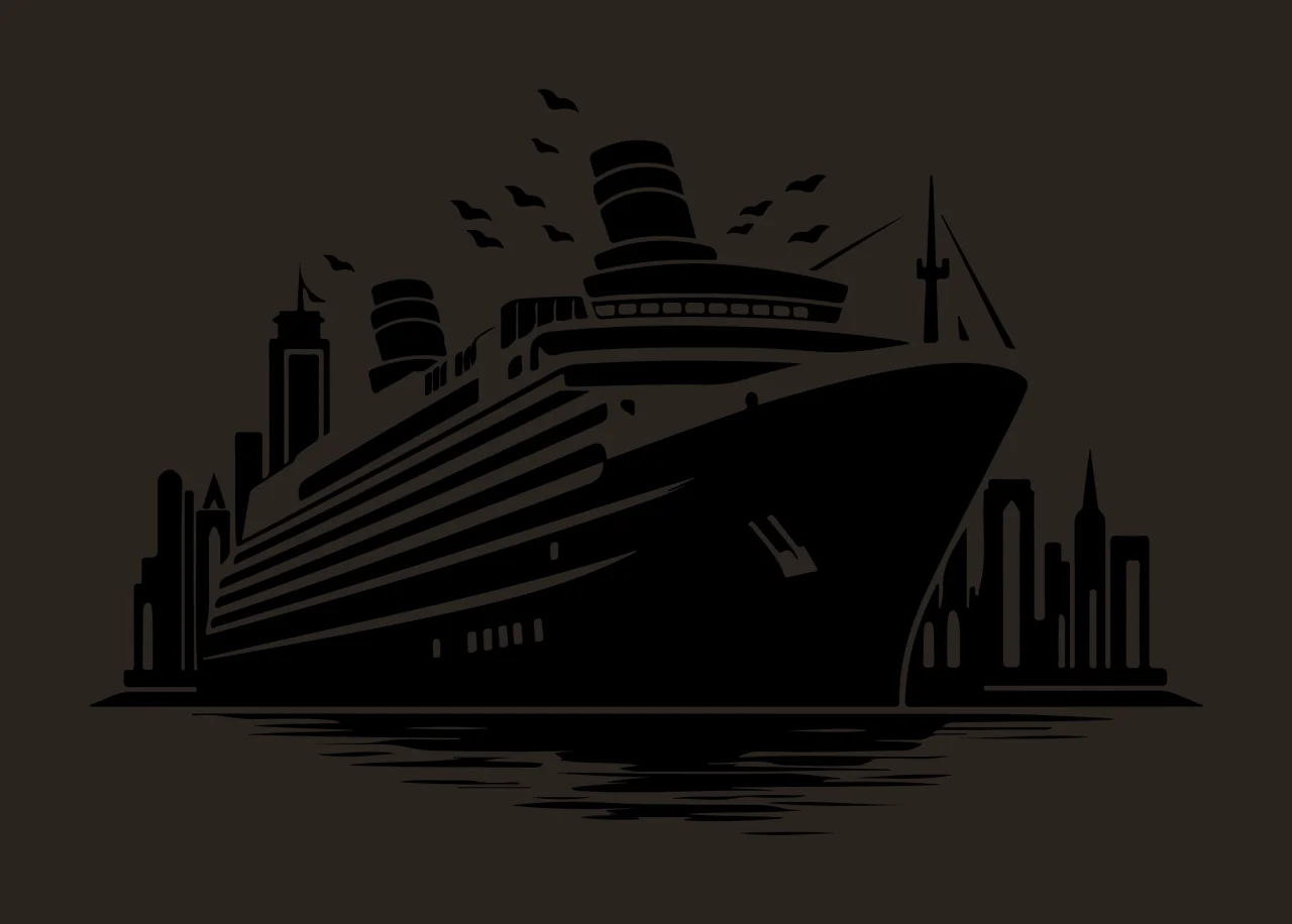 Cruise Ship Silhouette With Coastal Skyline sailing birds skyscrapers contrast preview thumbnail