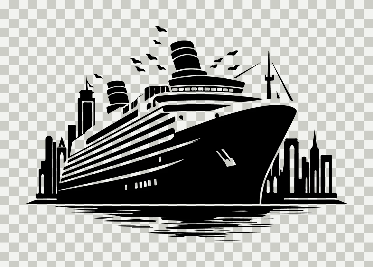 Cruise Ship Silhouette With Coastal Skyline sailing birds skyscrapers transparency and detail preview thumbnail