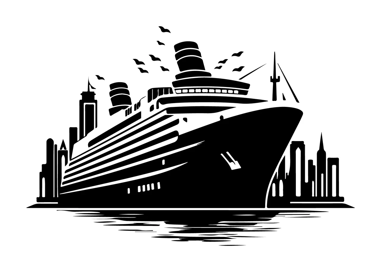 Cruise Ship Silhouette With Coastal Skyline sailing birds skyscrapers