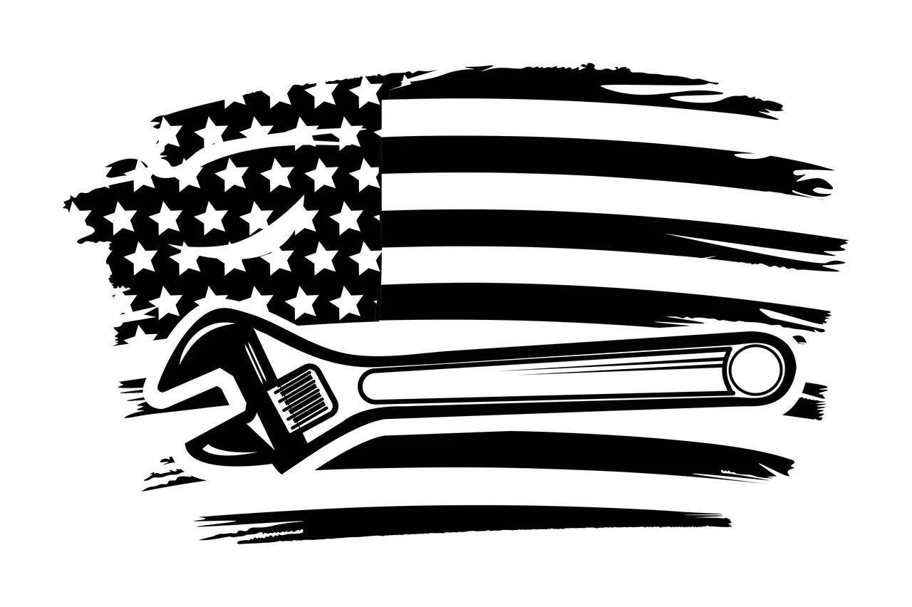 Wrench Over Distressed American Flag Graphic black white tool