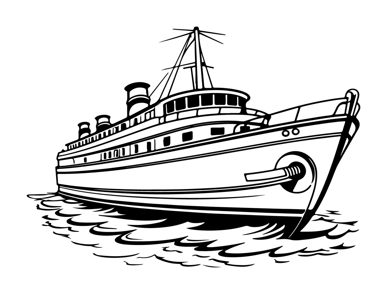 Ship Large Steamship On Water Silhouette Floating waves smoke stacks