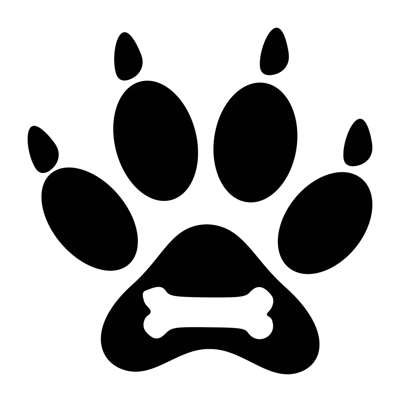 Silhouette Design of Paw print design with bone icon with black paw print, white bone, five oval pads and four toe pads