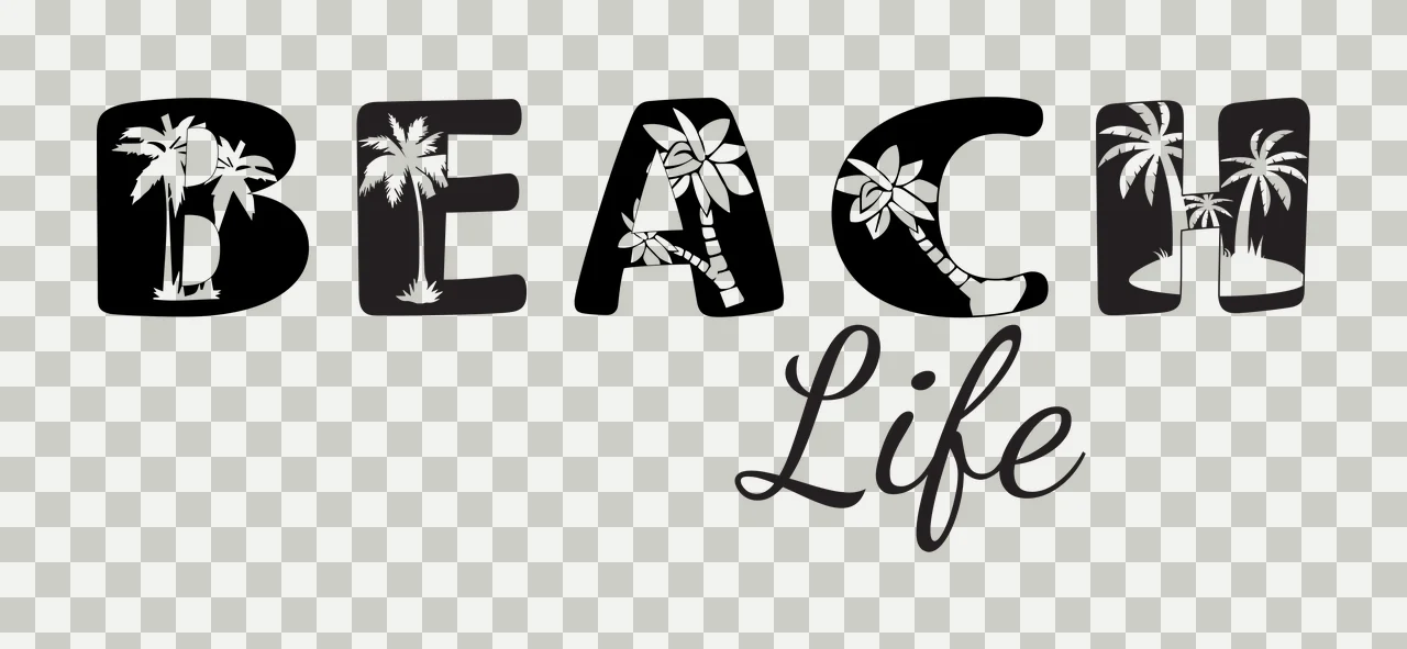 BEACH Life BEACH Life typographic design with B E A C H letters with palm trees and flowers inside and Life in cursive script in black and white transparency and detail preview thumbnail