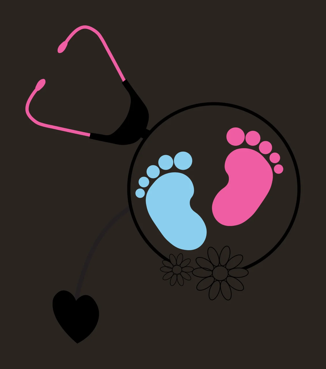Stethoscope design with baby footprints with pink stethoscope, blue baby footprint, black heart and two white daisies contrast preview thumbnail