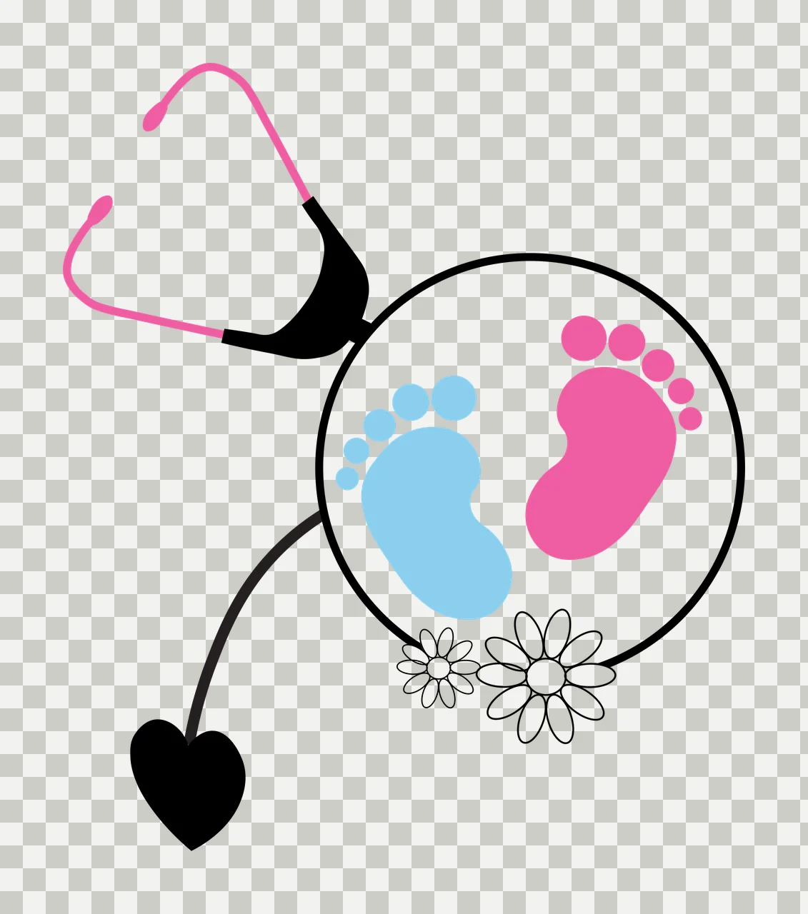 Stethoscope design with baby footprints with pink stethoscope, blue baby footprint, black heart and two white daisies transparency and detail preview thumbnail
