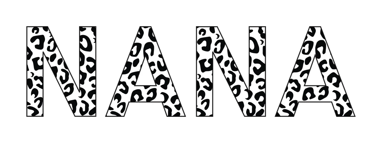 NANA Typography Design with leopard print pattern, black outline letters and NANA text in white